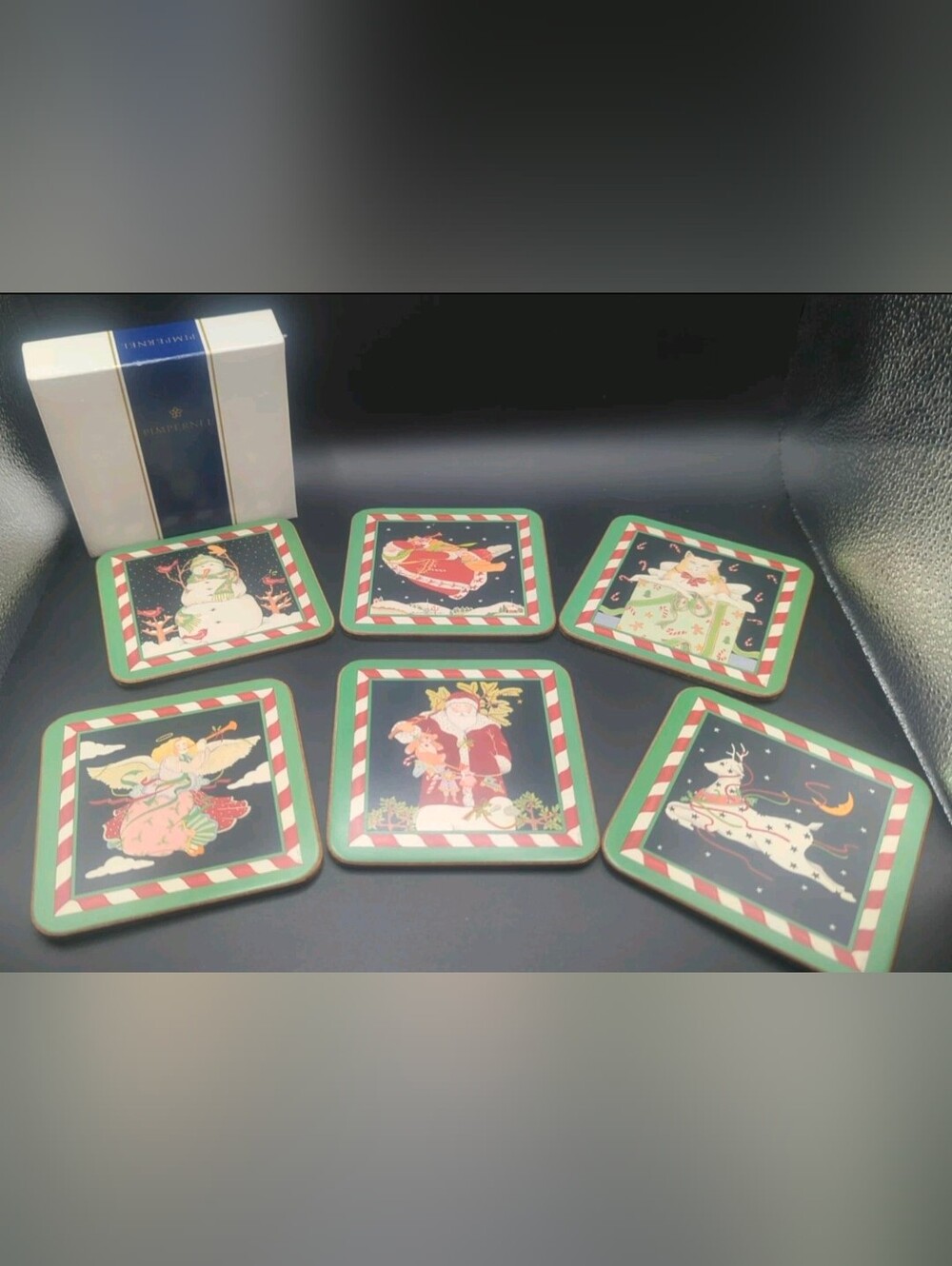 Pimpernel Vintage England Set of 6 Christmas Deluxe Coasters Cork Back 4" in Box